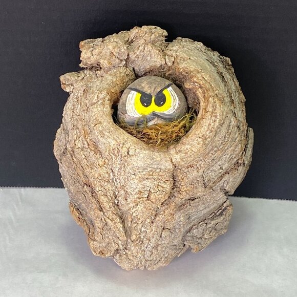 Vintage Painted Rock Owl in Wood Tree Branch Wall Decor - Picture 1 of 10